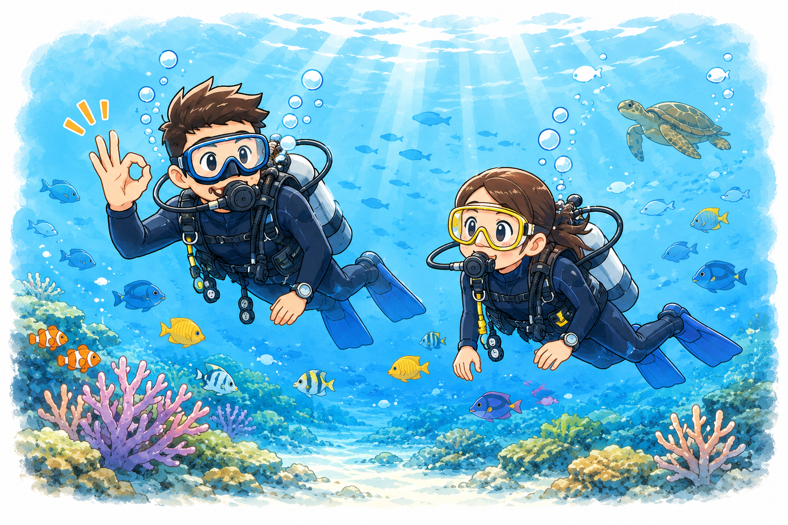 初心者ダイバーをガイドがやさしくサポートしている・イメージイラスト