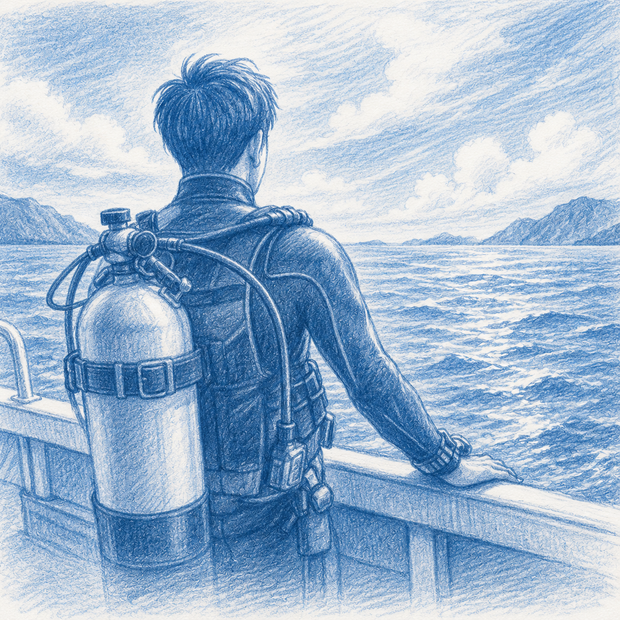 座間味の海を見つめながら、その日の一本を考えるダイビングガイド