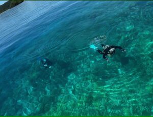 台風直前のベタ凪の海で、船の上から水中を泳ぐダイバーが見える慶良間・座間味の海