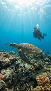 座間味の海で泳ぐウミガメとダイバー